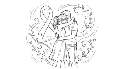 Obraz premium Breast Cancer Awareness Illustration Featuring Loving Couple Pink Ribbon Support Hope and Emotional Healing Concept