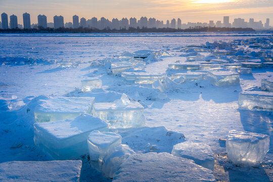 Ice cutted blocks field on the frozen surface of the Songhua river in Harbin, Heilongjiang, China