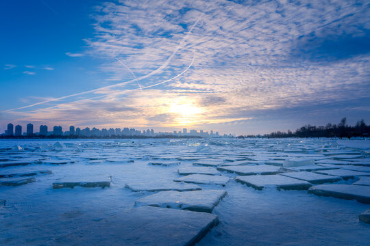 Ice cutted blocks field on the frozen surface of the Songhua river in Harbin, Heilongjiang, China