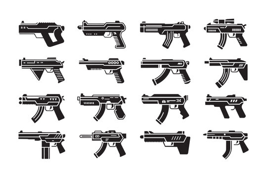 Collection of sci-fi handguns, pistols, submachine guns. Military, war, action, gaming, futuristic weapons.