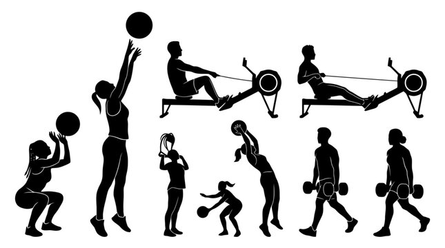 Silhouette illustrations of people exercising with various equipment.
