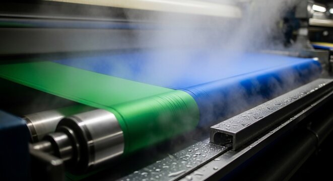 Industrial machinery with green and blue conveyor belts and steam