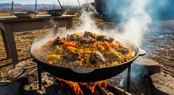 Traditional Uzbek Plov Cooking Outdoors Over Open Fire.