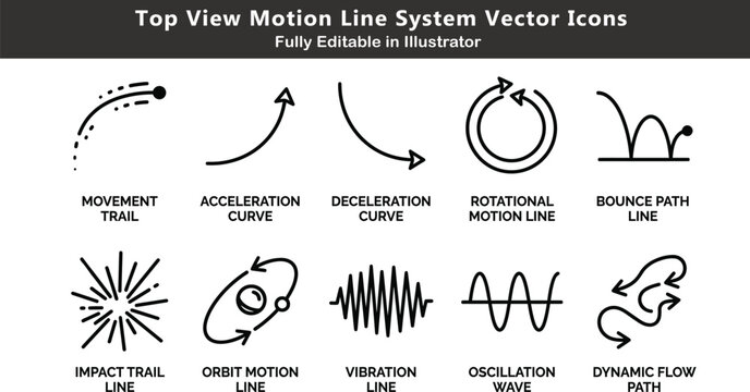 Top View Motion Line System Vector Set &ndash; Dynamic Movement, Flow Paths, Acceleration and Orbit Motion Curve Icons, Minimal Black Line Art Collection