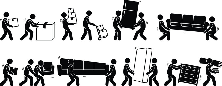 Professional movers silhouette icon set featuring workers carrying boxes, lifting heavy furniture, and moving appliances for relocation services.