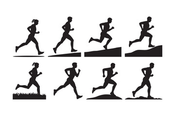Obraz premium Black silhouettes of runners jogging on grass hills and slopes. Collection of male and female athlete poses for sports and fitness illustrations vector.