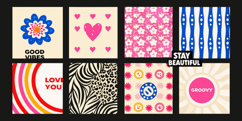 Obraz premium Retro inspired card collection in a grid layout featuring floral heart and animal print designs