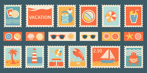 Collection of vibrant travel themed postage stamps with summery icons and a retro style © Bithi