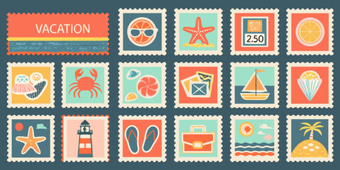 Colorful travel themed postage stamps collection with vacation icons and summery designs high quality professional © Bithi