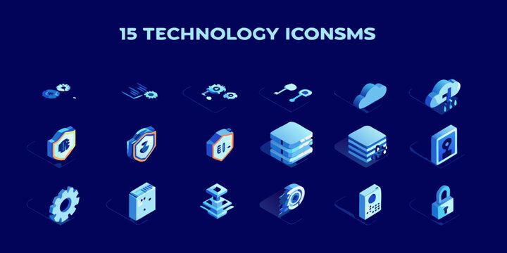 Isometric technology icons set in blue shades on a dark blue background high quality professional