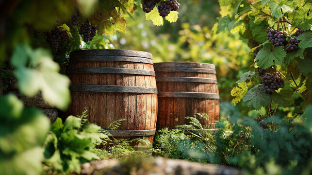 Two old wooden wine barrels in a lush vineyard with grapevines wine making food and dri