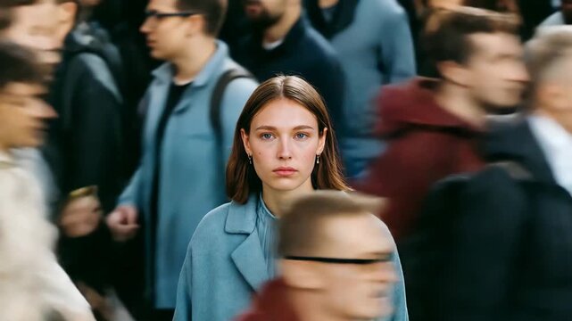 Woman in blue coat stands out in blurred crowd, urban motion blur. A young woman in a blue coat is the focal point amidst a bustling, motion-blurred crowd