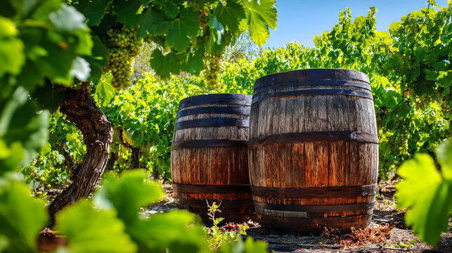 Two wooden barrels in a vineyard with green grape leaves wine barrel wine making