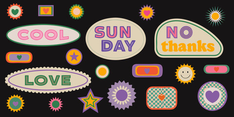 Fototapeta premium Colorful sticker collage with playful text and shapes on a dark background high quality professional
