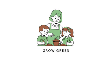 Fototapeta premium Children and adult planting a small plant together.