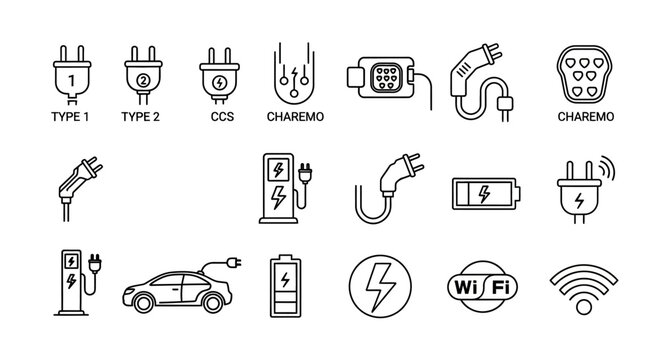 Electric vehicle charging connector and battery power line icon set