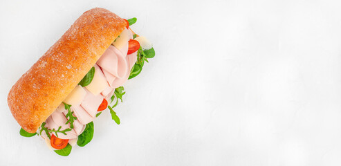 Turkey ham sandwich with cheese and greens on white background with copy space