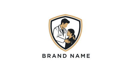 Fototapeta premium Doctor and child in shield logo representing medical care and protection.