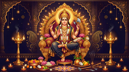 Fototapeta premium Goddess Lakshmi seated on a golden throne holding lotus and conch.