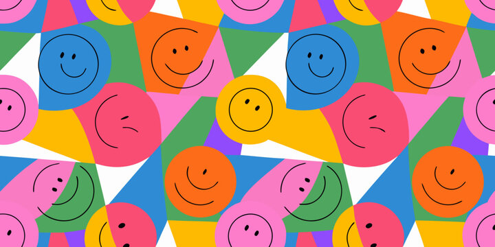 Seamless pattern of colorful smiley faces with black outlines on a geometric background high quality