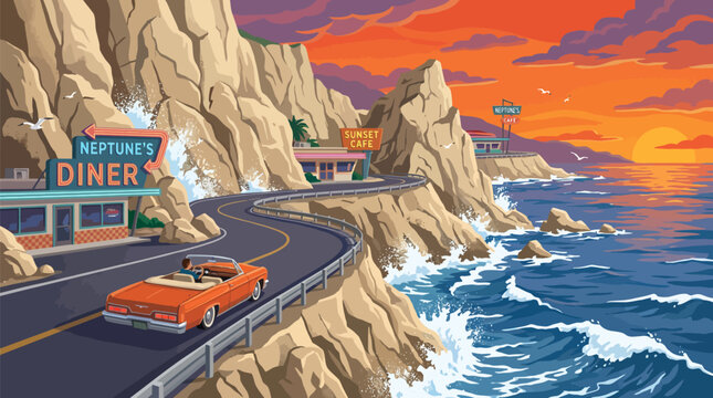 Vintage orange car drives along coastal road with diner at sunset