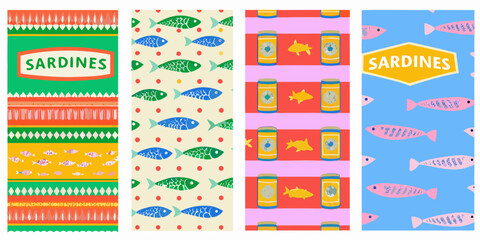 Four patterned panels featuring sardines and fish retro inspired vector illustration high quality professional detailed © Bithi