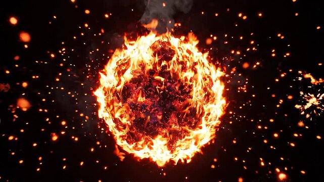 Burning sphere engulfed in flames with sparks flying against black background