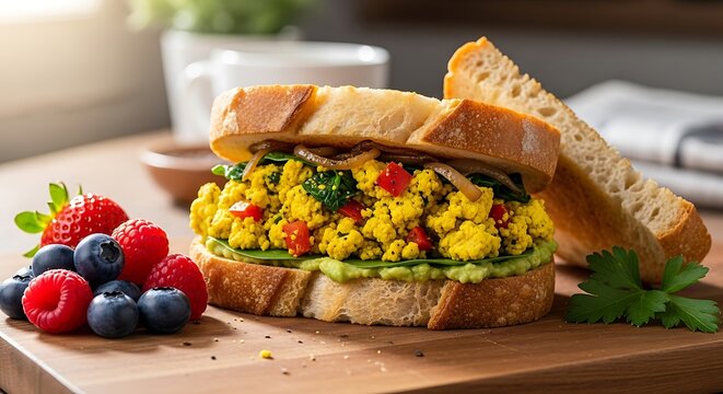 Plant-based scramble sandwich rests on a wooden board beside fresh mixed berries