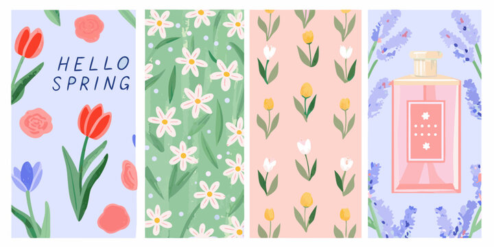 Four vertical spring themed panels with flowers perfume and text in a painted style