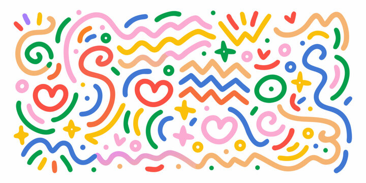 Colorful doodle pattern with wavy lines hearts and geometric shapes on a white background