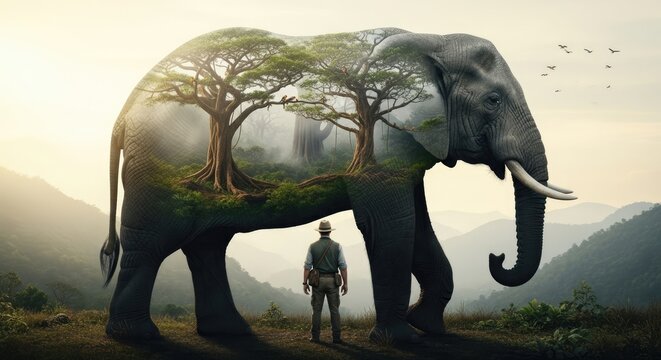 Double exposure elephant with jungle trees and safari explorer