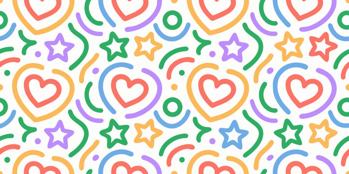 Colorful abstract pattern with hearts stars squiggles and circles on a white background high quality