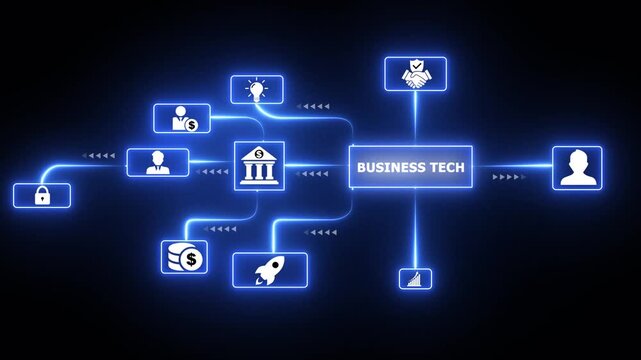 Business tech network diagram animation featuring glowing digital icons for corporate ecosystem connectivity, artificial intelligence operations, and modern technology integration.