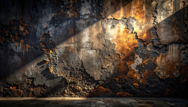 A textured surface of a dilapidated wall with peeling paint and exposed rust, illuminated by a dramatic shaft of light.