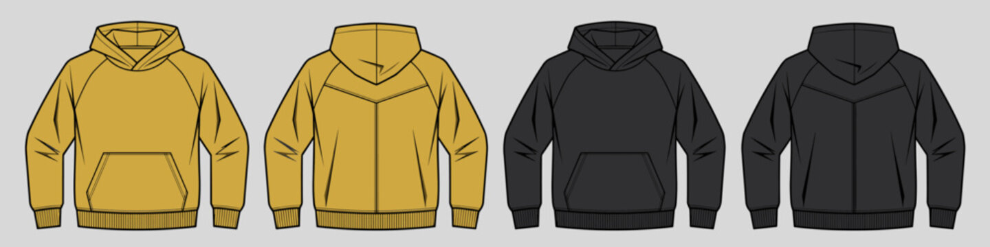 Yellow charcoal raglan hoodie front back mockup. Technical template sweatshirt casual clothes with hood cotton vector textile unisex set for athletic gear.