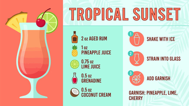 Tropical sunset cocktail recipe card with pineapple juice lime and cherry garnish