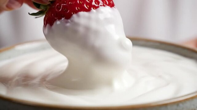 Hand dipping fresh red strawberry into thick creamy white yogurt
