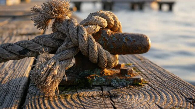 Close Up of Nautical Rope Tied to Rusty Bollard on Pier at Sunset