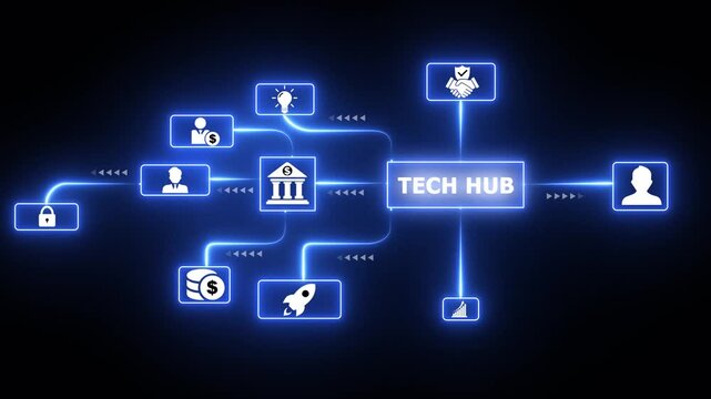 Advanced tech hub network animation with futuristic digital icons for central connectivity, artificial intelligence integration, and modern technology ecosystem management concepts.