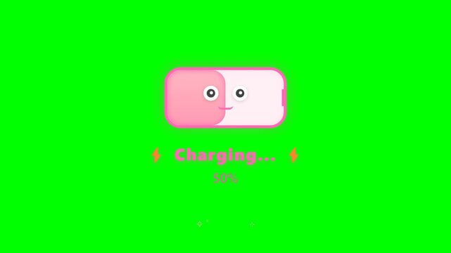Cute animated battery character illustration on a vibrant green screen, displaying a charging status indicator with a friendly face, symbolizing energy replenishment and digital device power