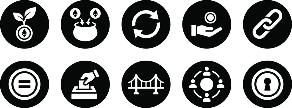 Cryptocurrency and blockchain related icons in black and white