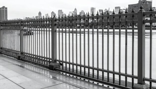 フェンスの尖頭と奥行きのあるダウンタウンの街並み