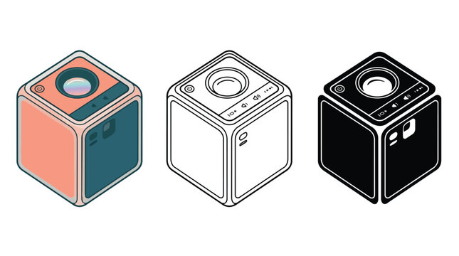 Isometric cube projector vector illustration set, modern portable mini projector device, compact home cinema and presentation technology, three distinct graphic styles for UI/UX design.