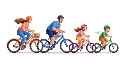 Fototapeta premium Cartoon illustration of a happy family with two children riding bicycles in a row on white background