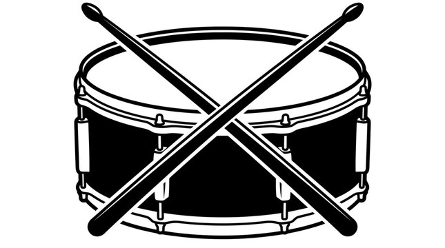 Black and white illustration of a snare drum with crossed drumsticks
