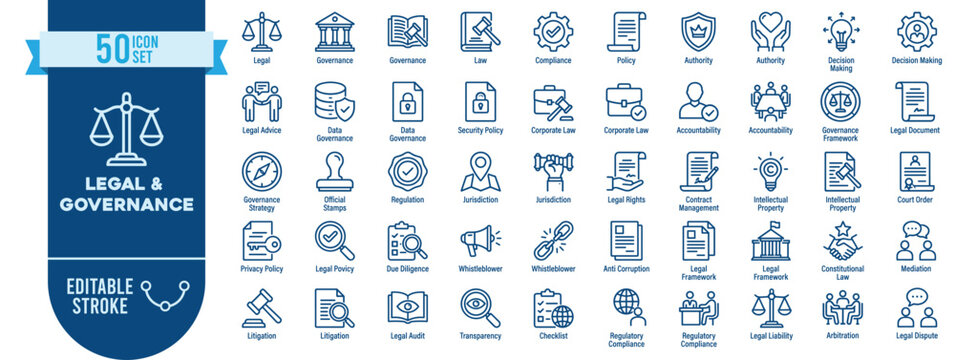Legal Governance Icon Set Vector Template 50 Law Compliance Policy Outline Symbols Blue Editable Stroke for Web App Design
