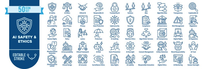 Naklejka premium AI Safety Ethics Icon Set Vector Template 50 Responsible Artificial Intelligence Outline Symbols Blue Editable Stroke Web App 