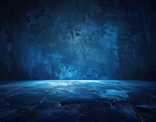 Obraz premium A dark, textured blue wall and floor create a dramatic, moody stage-like background with bright spotlighting.