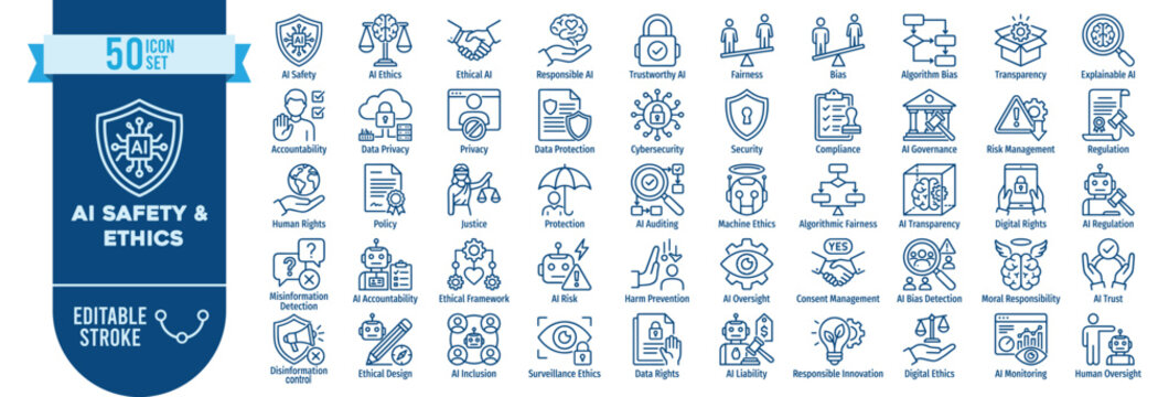 AI Safety Ethics Icon Set Vector Template 50 Responsible Artificial Intelligence Outline Symbols Blue Editable Stroke Web App
