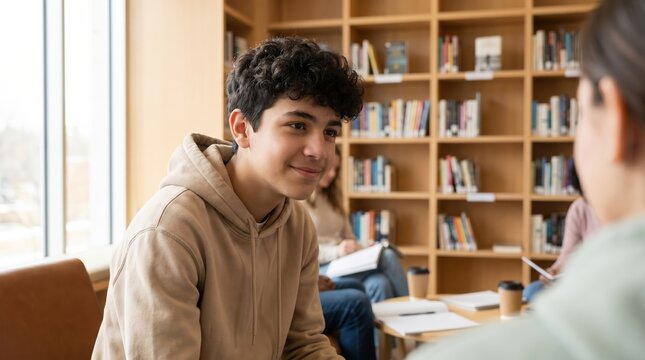 Smiling teenage boy student studying with classmates in a library. Group study session and collaborative learning concept for education.